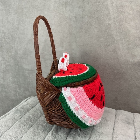 Handmade 12” watermelon picnic basket handbag decorative storage container - Picture 3 of 8